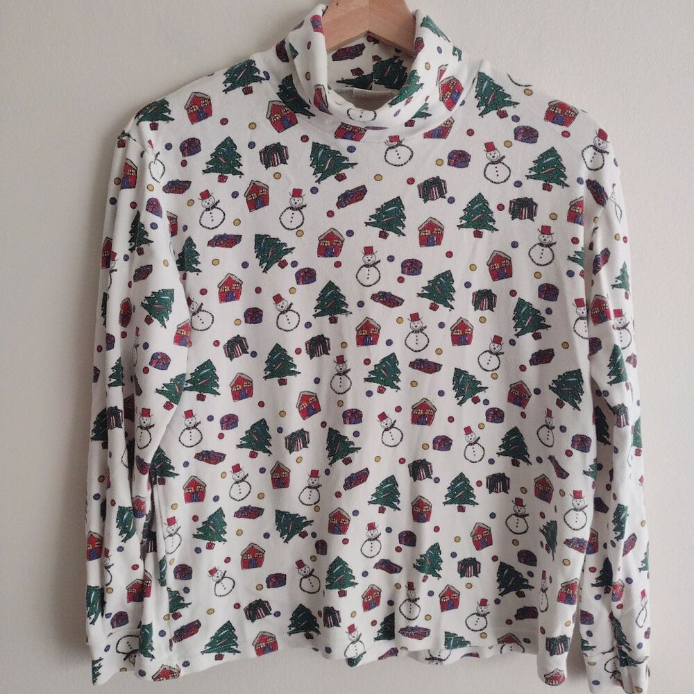 Vtg 90s Christmas Turtleneck Sweater M Snowman Tree Print Cotton Partners Top